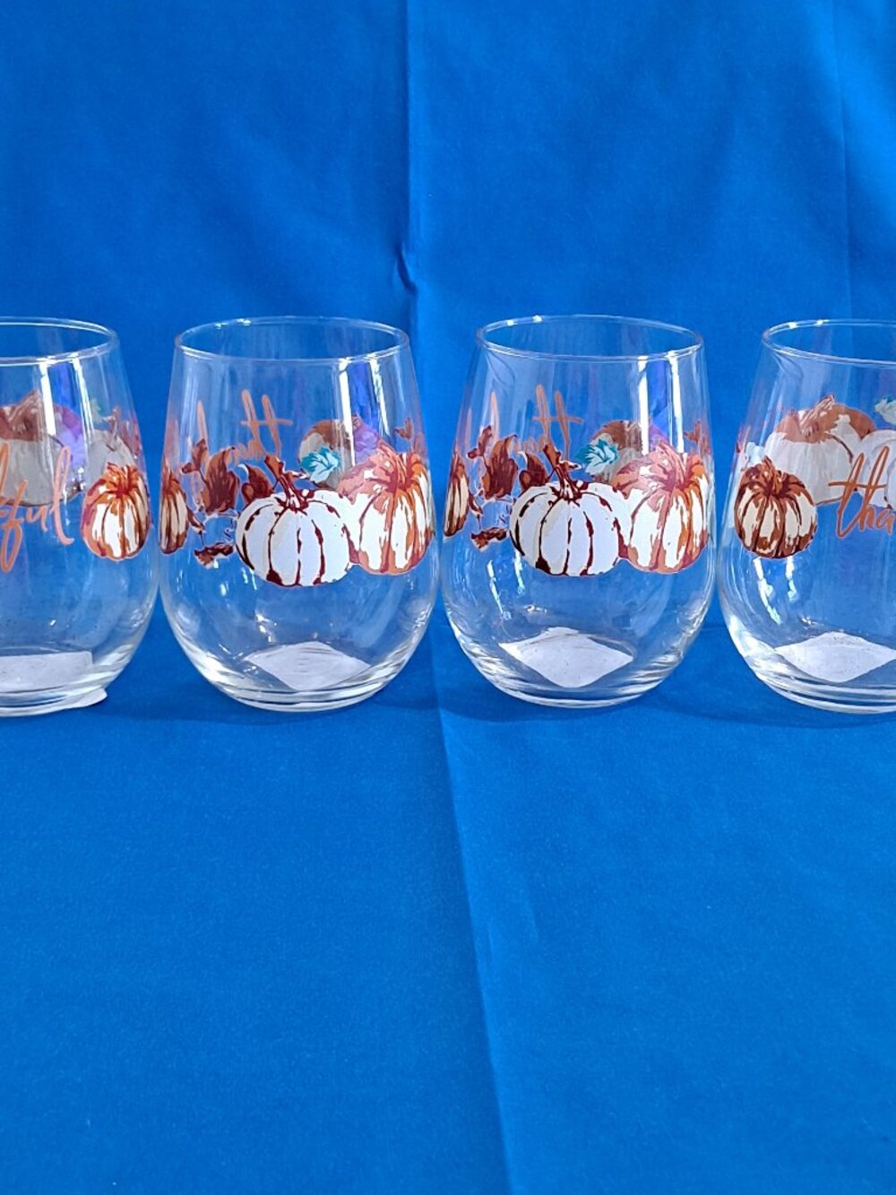 Royal Norfolk 4 PUMPKIN Stemless Wine GLASSES 17 Oz Fall 'Thankful' Thanksging